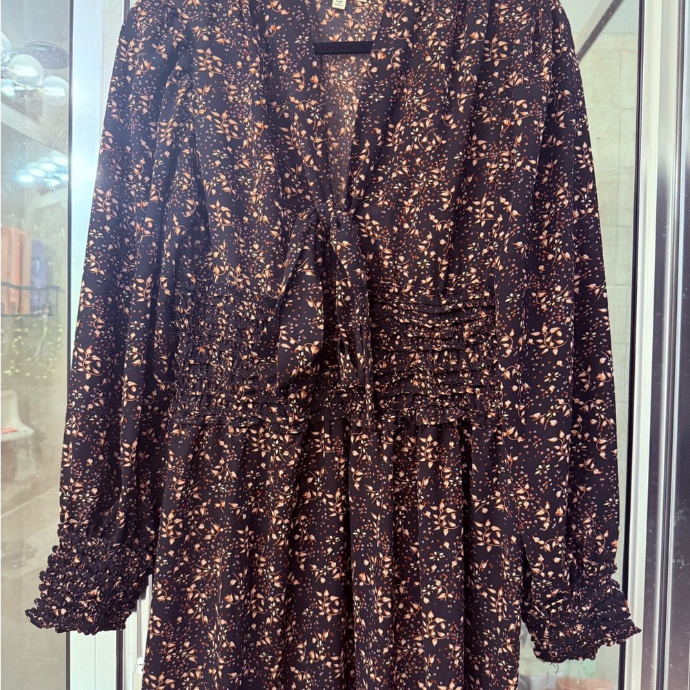 Max Studio Black Floral Tie-Neck Dress with Beige & Blush Accents